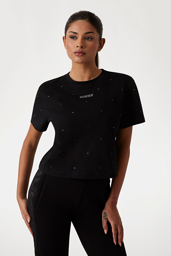 Guess Boxy Fit Örme Kumaş Kadın Tişört V5GI00I3Z14 Siyah Guess Boxy Fit Örme Kumaş Kadın Tişört V5GI00I3Z14 Siyah