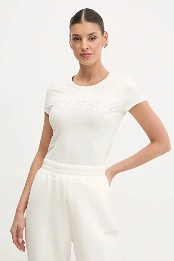 Guess Slim Fit Örme Kumaş Kadın Tişört V5GI20J1314 Beyaz Guess Slim Fit Örme Kumaş Kadın Tişört V5GI20J1314 Beyaz
