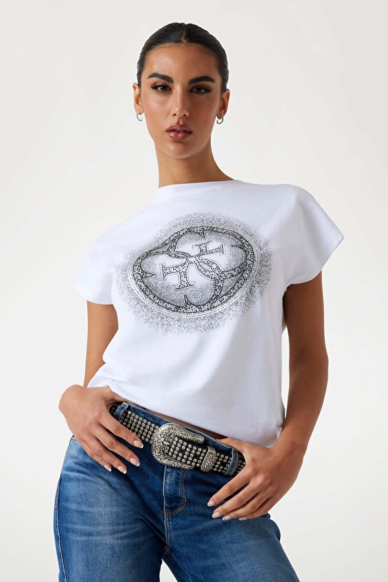 Guess Slim Fit Örme Kumaş Kadın Tişört W5YI14I3Z14 Beyaz Guess Slim Fit Örme Kumaş Kadın Tişört W5YI14I3Z14 Beyaz