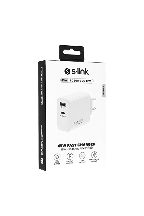 S-link SL-EC68 45W GAN PD 30W / QC 18W Type Type USB-C +USB A Hızlı Beyaz EV/NOTEBOOK Şarj Adaptör