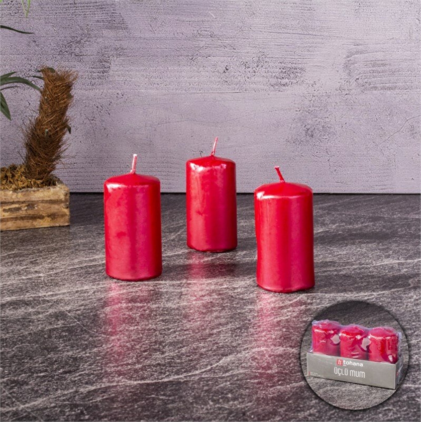 Tohana Silindir Mum 3'lü 7,5 cm Kırmızı