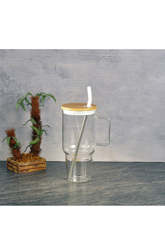 Tohana Maxi Bambu Kapaklı Cam Kupa 1000 cc