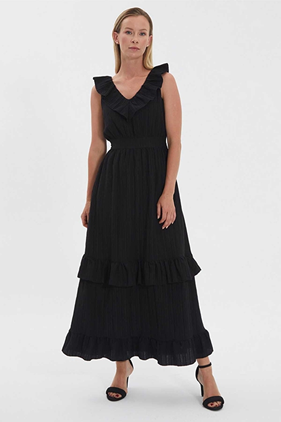 Selen Standart Fit V Yaka Kolsuz Fermuarlı Kadın Elbise 24YSL7417 Siyah Selen Standart Fit V Yaka Kolsuz Fermuarlı Kadın Elbise 24YSL7417 Siyah