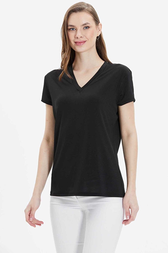 Selen Standart Fit V Yaka Kısa Kol Fermuarsız Kadın Bluz 25YSL8064 Siyah