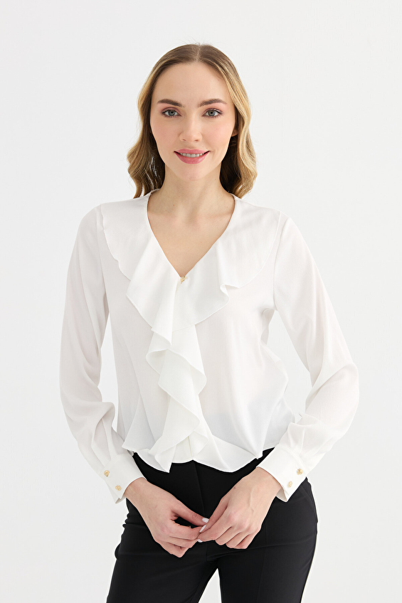 Selen V Yaka Kadın Bluz 25YSL8093 Ekru