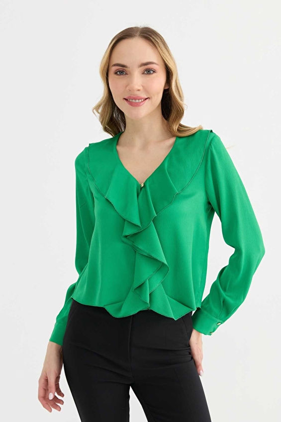 Selen Standart Fit V Yaka Uzun Kol Fermuarsız Kadın Bluz 25YSL8093 Yeşil Selen Standart Fit V Yaka Uzun Kol Fermuarsız Kadın Bluz 25YSL8093 Yeşil