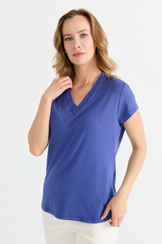 Selen Standart Fit V Yaka Kısa Kol Fermuarsız Kadın Bluz 25YSL8107 Mor Selen Standart Fit V Yaka Kısa Kol Fermuarsız Kadın Bluz 25YSL8107 Mor
