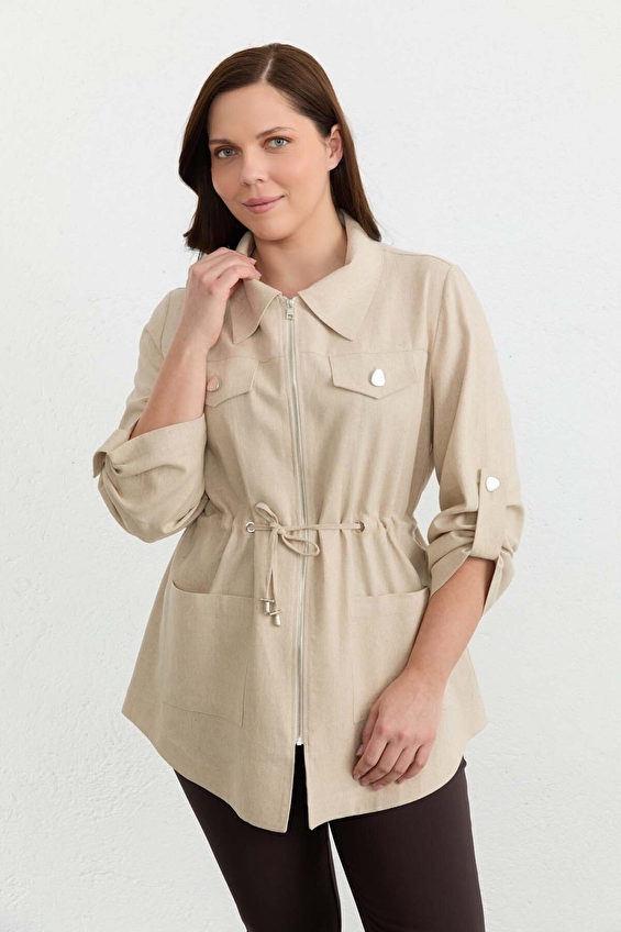 Selen Polo Yaka Keten Fermuarlı Uzun Kollu Kadın Ceket 26YSL1584 Bej Selen Polo Yaka Keten Fermuarlı Uzun Kollu Kadın Ceket 26YSL1584 Bej