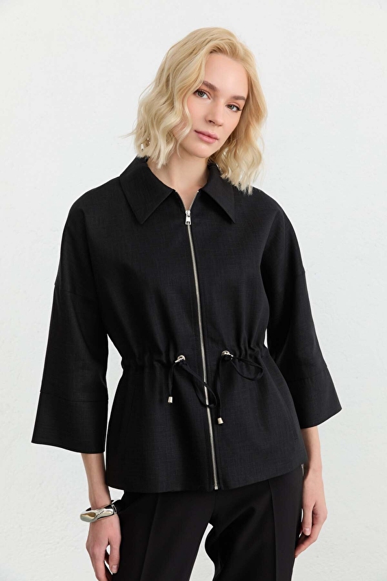 Selen Standart Fit Polo Yaka Keten Fermuarlı Kadın Ceket 26YSL1598 Siyah Selen Standart Fit Polo Yaka Keten Fermuarlı Kadın Ceket 26YSL1598 Siyah