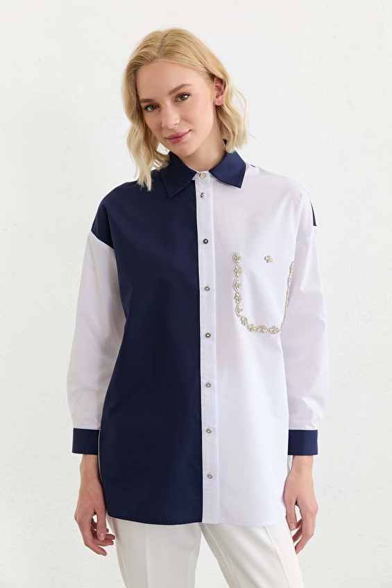 Selen Standart Fit Gömlek Yaka Viskoz Uzun Kollu Kadın Bluz 26YSL8388 Beyaz/lacivert Selen Standart Fit Gömlek Yaka Viskoz Uzun Kollu Kadın Bluz 26YSL8388 Beyaz/lacivert