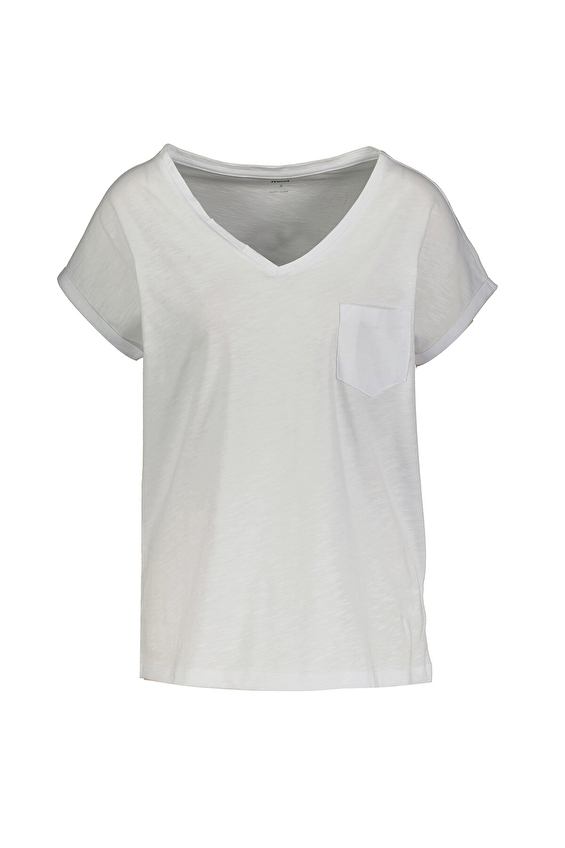 Mavi V Yaka Loose Fit Kısa Kollu Kadın Tişört M1600961 620 Beyaz Mavi V Yaka Loose Fit Kısa Kollu Kadın Tişört M1600961 620 Beyaz