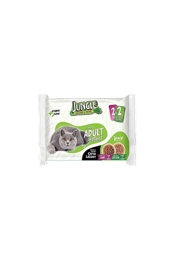 Jungle 4*100 Gr. Çift Lezzet Pouch Yetişkin Kedi Kuzulu - Tavuklu