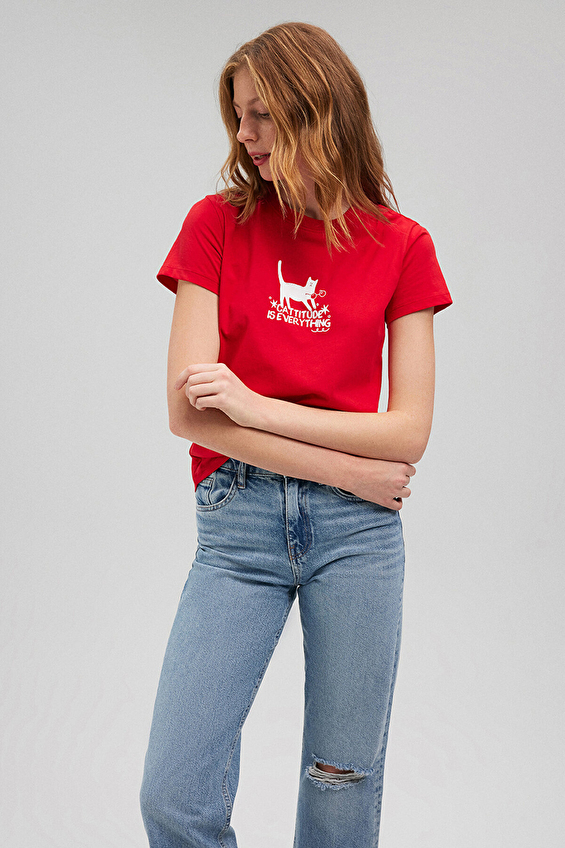 Mavi Bisiklet Yaka Semi Slim Fit Kısa Kollu Kadın Tişört M1612202 82054 Kırmızı