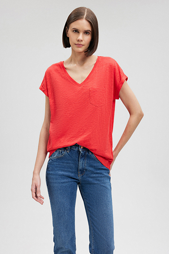 Mavi V Yaka Loose Fit Kısa Kollu Kadın Tişört M1600961 71083 Turuncu Mavi V Yaka Loose Fit Kısa Kollu Kadın Tişört M1600961 71083 Turuncu
