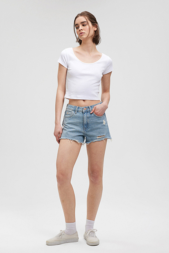 Mavi Mom Fit Düz Paça Kadın Kot Şort M1447487077 Denım