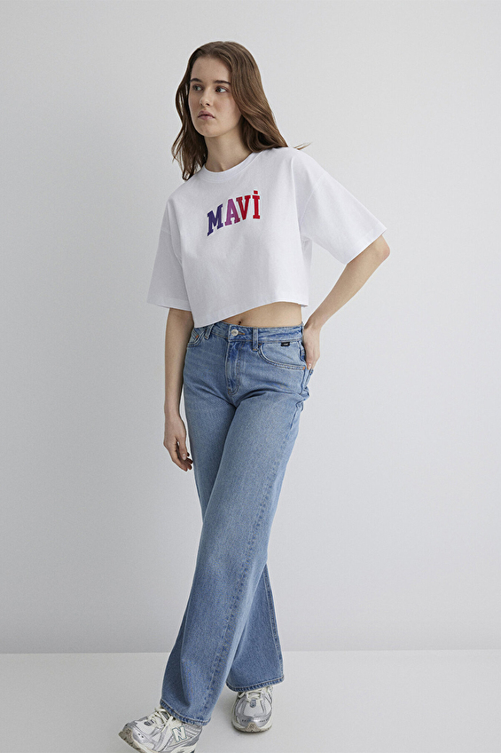Mavi Bisiklet Yaka Crop Fit Kadın Tişört M1612516 620 Beyaz
