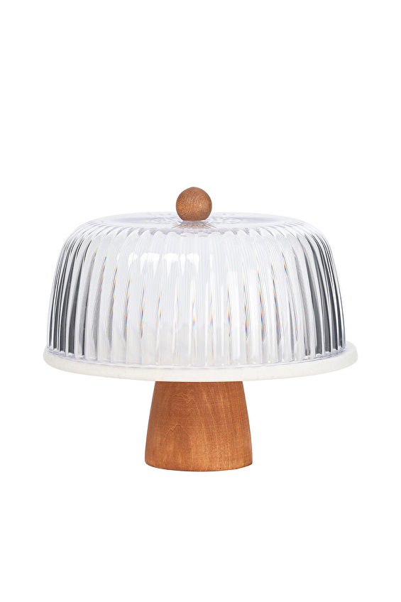 Natural Ayaklı Beyaz Mermer Fanuslu Kek Standı