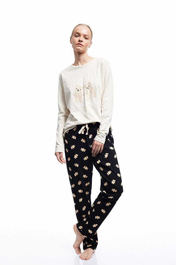 Koton Kadın Pijama Takımı 6WLK40095MK EKR/SYH Ekru/siyah Koton Kadın Pijama Takımı 6WLK40095MK EKR/SYH Ekru/siyah