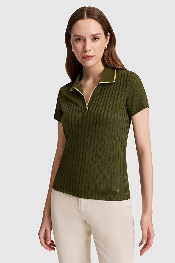 Pierre Cardin Slim Fit Polo Yaka Kısa Kollu Kadın Tişört 9629 VR027 Haki