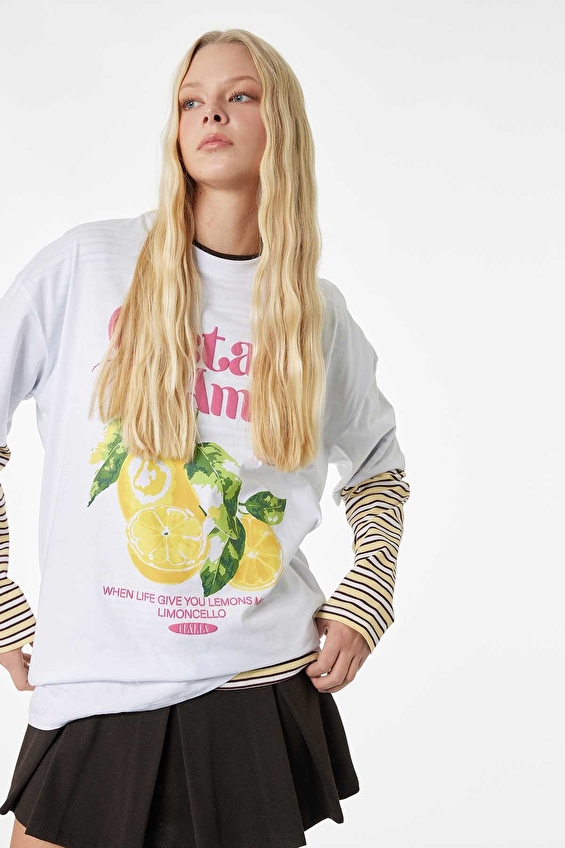 Koton Relax Fit Kadın Tişört 6SAL10083IK Ekru Koton Relax Fit Kadın Tişört 6SAL10083IK Ekru