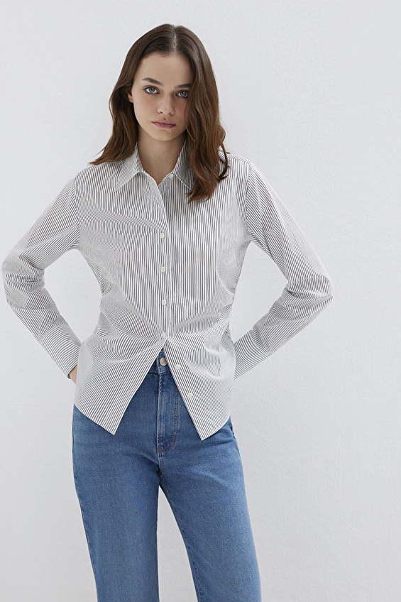 Mavi Kadın Gömlek M1211378 91377 Cızgılı Mavi Kadın Gömlek M1211378 91377 Cızgılı