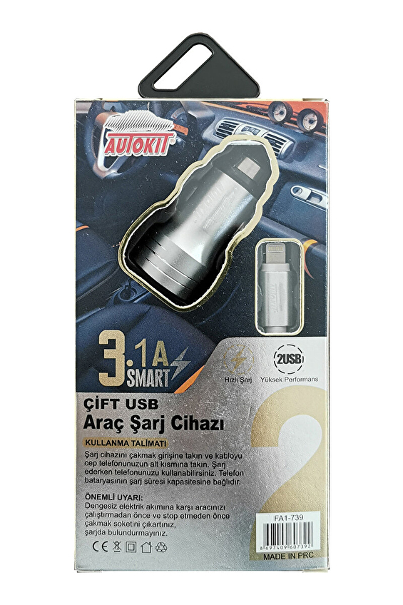Autokit Metal Araç Şarjı 3.1 Amper 2 USB girişi Iphone