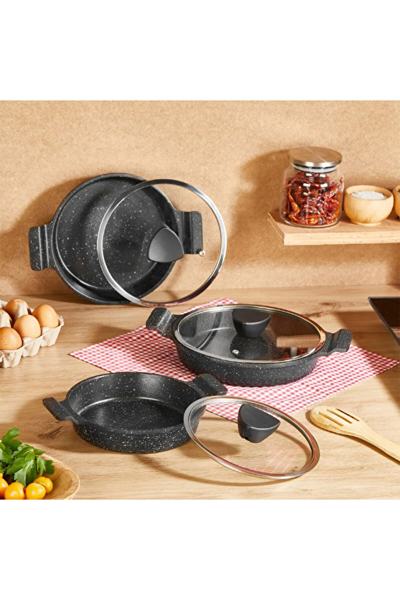 Amboss Astral Cam Kapaklı Granit 6 Parça Döküm Sahan Seti Amboss Astral Cam Kapaklı Granit 6 Parça Döküm Sahan Seti