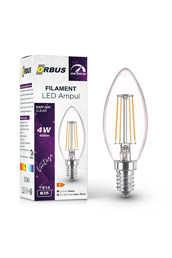 Orbus DİM Edilir LED Filament Ampul B35 4 Watt 400lm E14 Sarı Işık