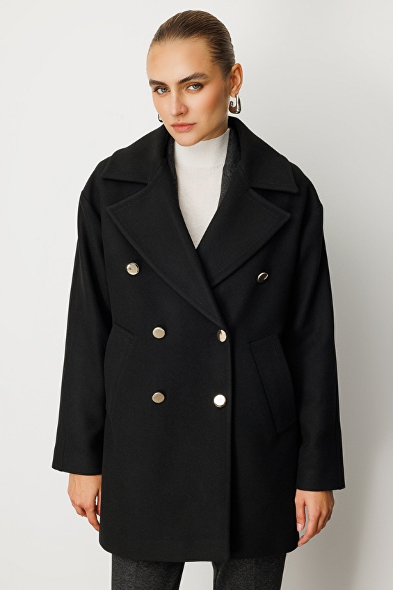 Ekol Regular Fit Düğmeli Uzun Kol Kruvaze Yaka Dokuma Kadın Kaban 06093 Siyah Ekol Regular Fit Düğmeli Uzun Kol Kruvaze Yaka Dokuma Kadın Kaban 06093 Siyah