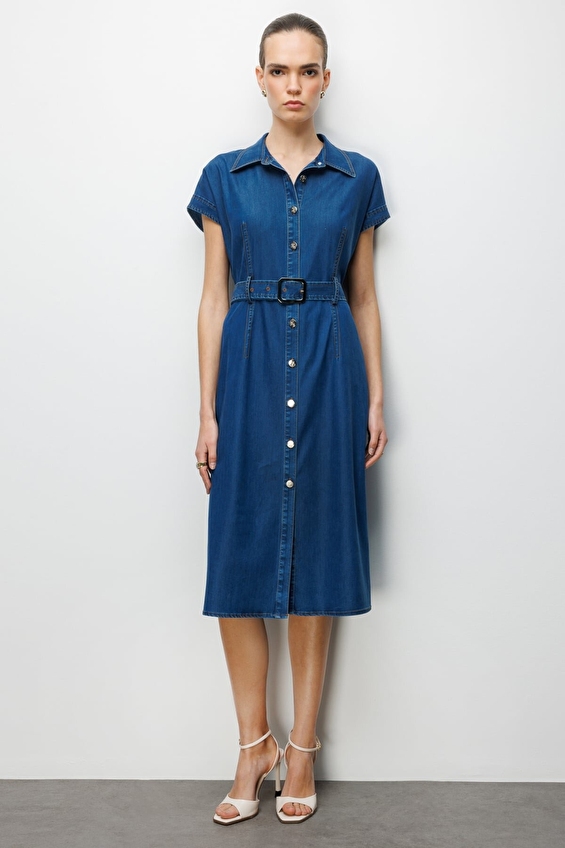 Ekol Polo Yaka Regular Fit Düğmeli Düşük Kol Dokuma Kadın Elbise 06042 Indıgo Ekol Polo Yaka Regular Fit Düğmeli Düşük Kol Dokuma Kadın Elbise 06042 Indıgo