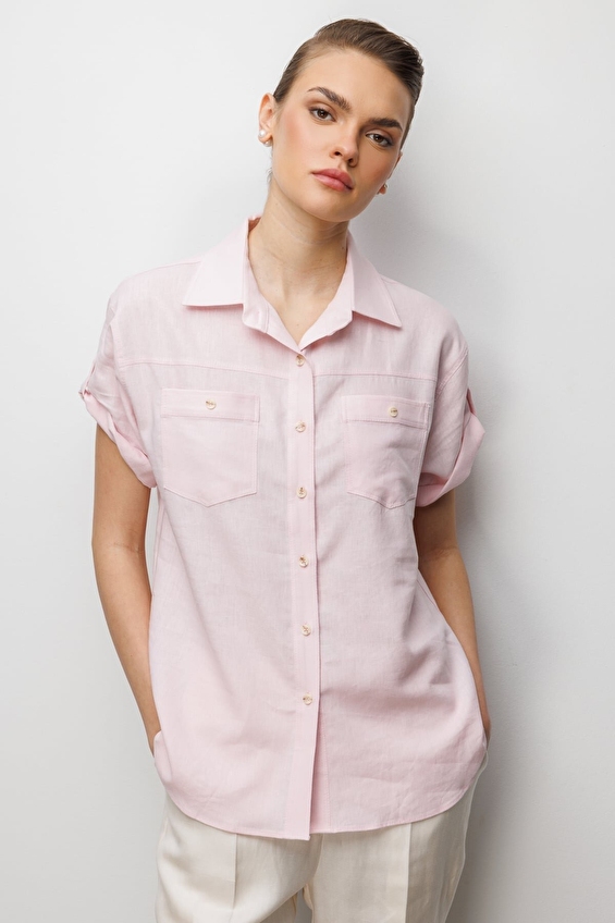 Ekol Polo Yaka Regular Fit Düğmeli Keten Kısa Kollu Kadın Bluz 02024 Pembe Ekol Polo Yaka Regular Fit Düğmeli Keten Kısa Kollu Kadın Bluz 02024 Pembe
