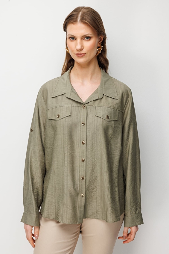 Ekol Düğmeli Gömlek Yaka Uzun Kol Kadın Bluz 02528 Yeşil Ekol Düğmeli Gömlek Yaka Uzun Kol Kadın Bluz 02528 Yeşil