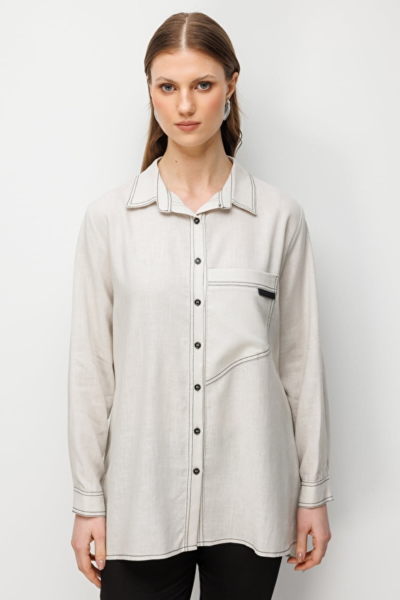 Ekol Polo Yaka Düğmeli Uzun Kol Kadın Bluz 02986 Taş Ekol Polo Yaka Düğmeli Uzun Kol Kadın Bluz 02986 Taş