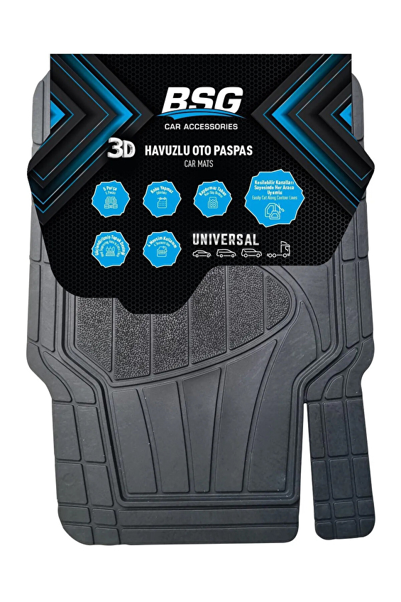 BSG Universal 3D Havuzlu Siyah 5 Parça Tüm Araçlara Uyumlu Paspas