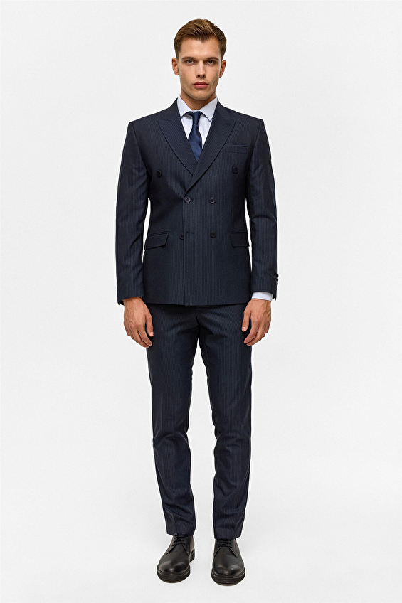 Süvari Slim Fit Kruvaze Yaka Erkek Takım Elbise 1006900374 Lacivert