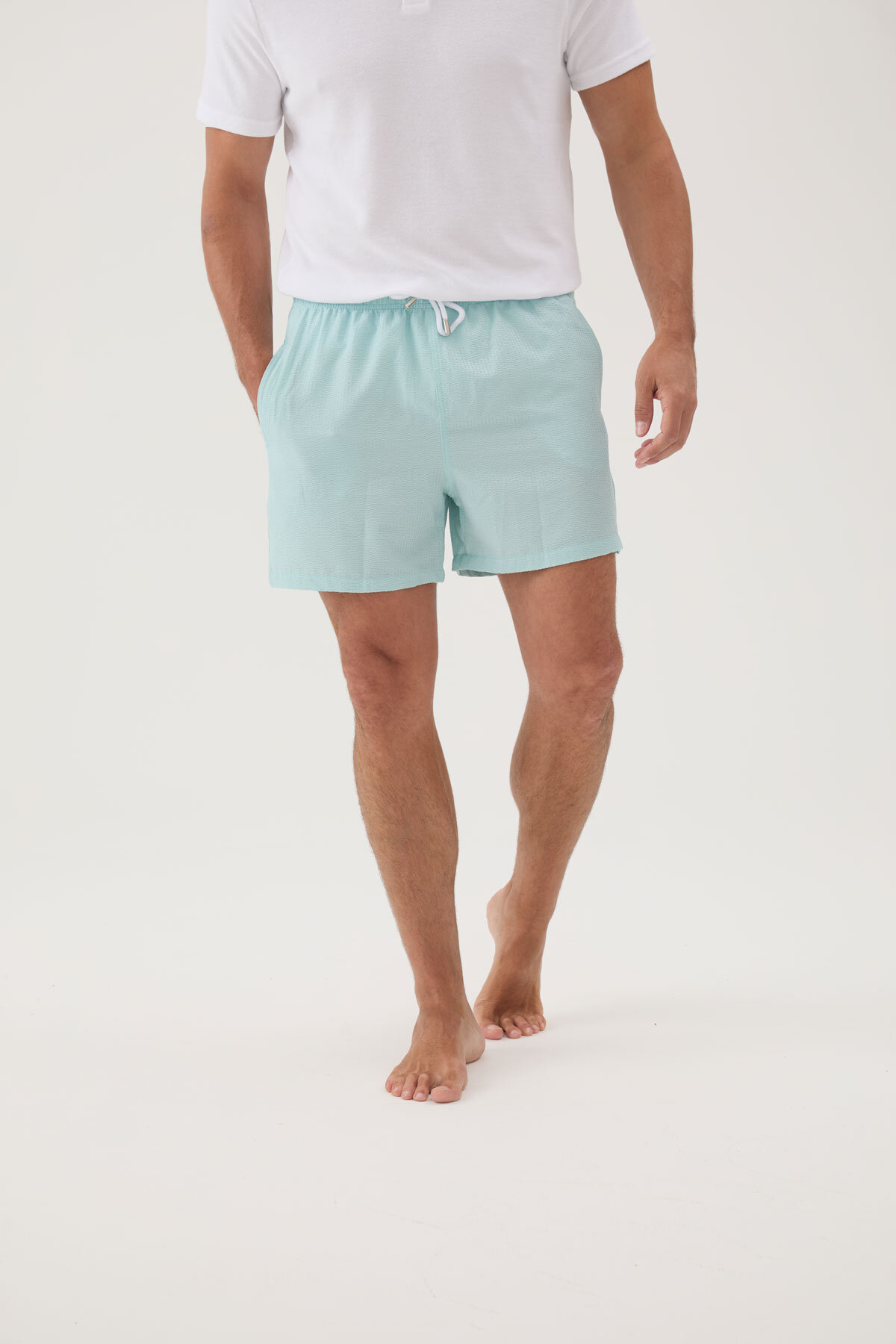 Cottons & Clouds Beli Lastikli Regular Fit Su İtici İp Bağlamalı Erkek İki Yan Cep Detaylı Özellikli Gofre Mayo Şort CC0712 Akuamarin