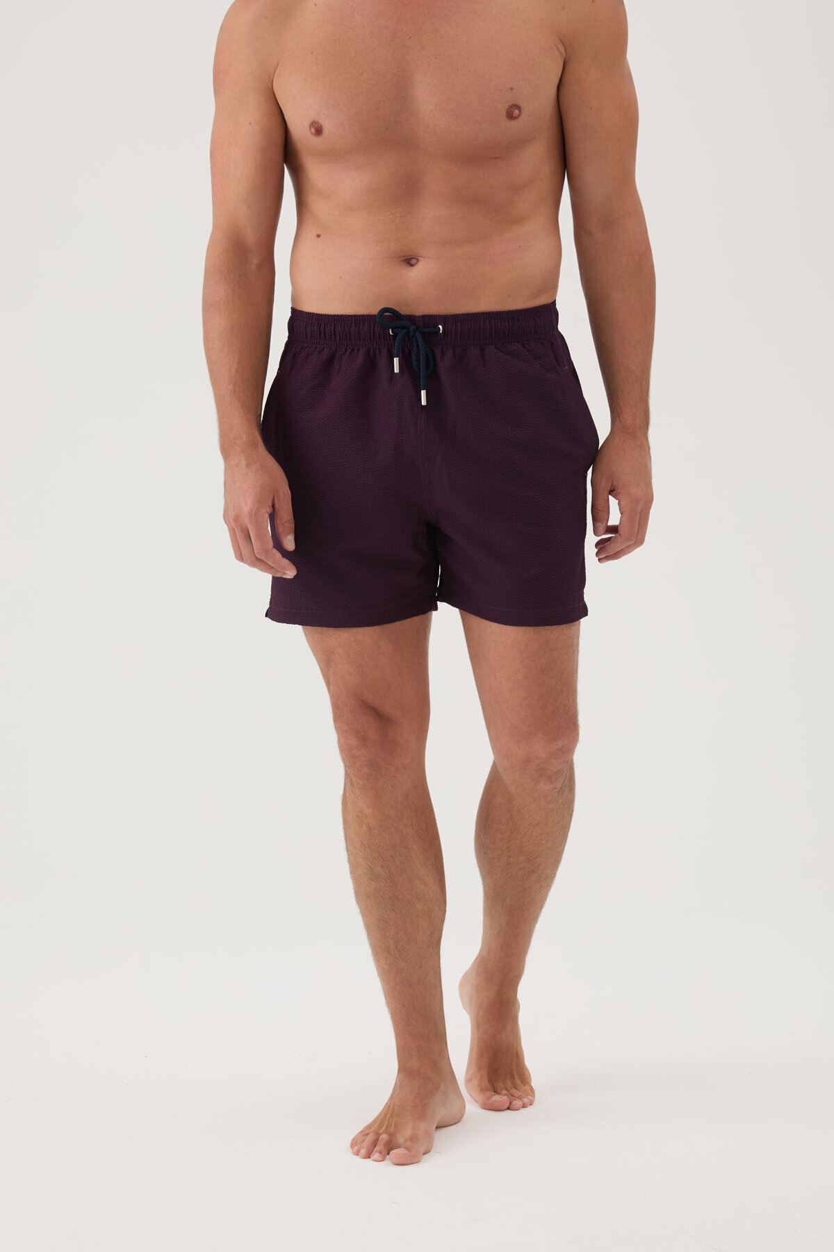 Cottons & Clouds Beli Lastikli Regular Fit Su İtici İp Bağlamalı Erkek İki Yan Cep Detaylı Özellikli Gofre Mayo Şort CC0715 Mürdüm