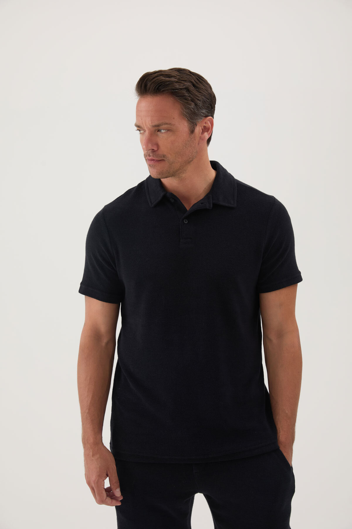 Cottons & Clouds Regular Fit Kısa Kollu Erkek Basic Havlu Tişört CC5006 Siyah