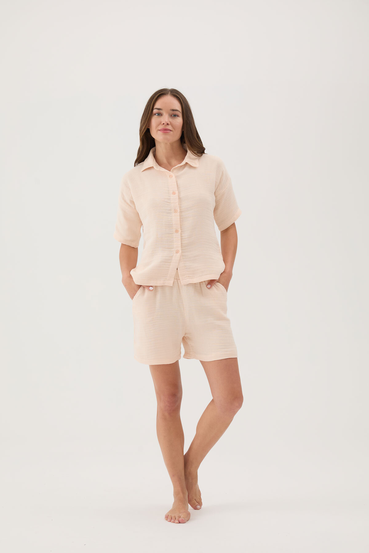 Cottons & Clouds Beli Lastikli Geniş Paça Loose Fit Kadın Muslin Şort Takımı CC5869 Bej