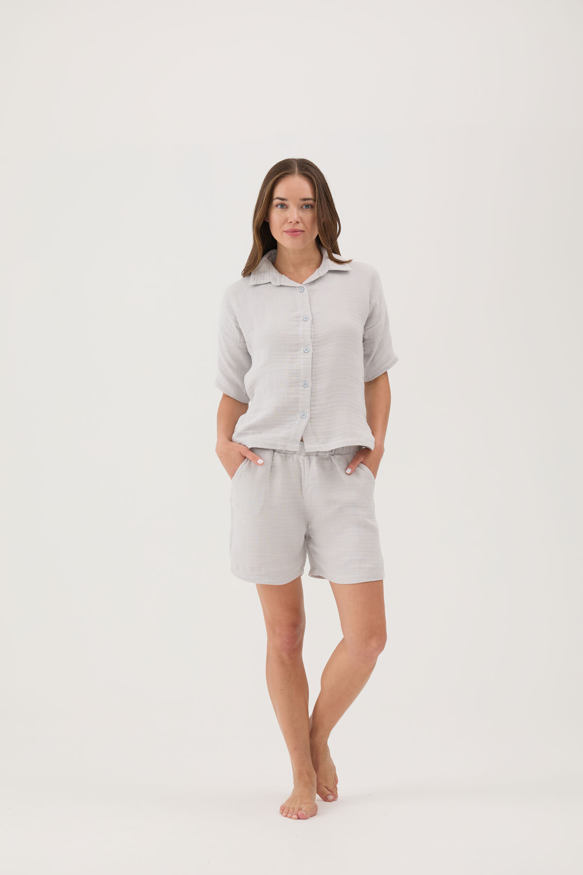 Cottons & Clouds Beli Lastikli Geniş Paça Loose Fit Kadın Muslin Şort Takım CC5870 Gri