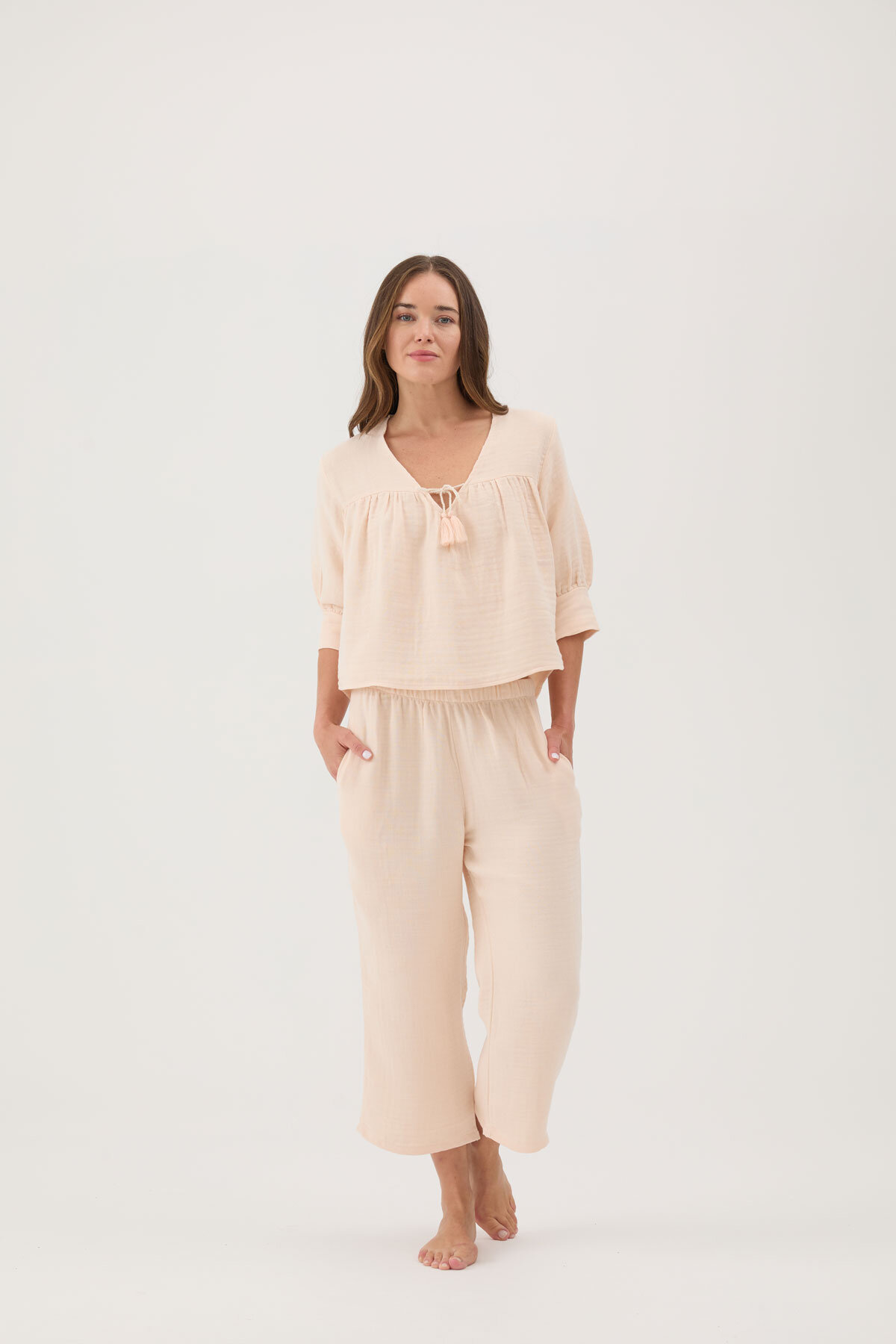 Cottons & Clouds Beli Lastikli Geniş Paça Loose Fit Kadın Muslin Şort Takım CC5873 Bej