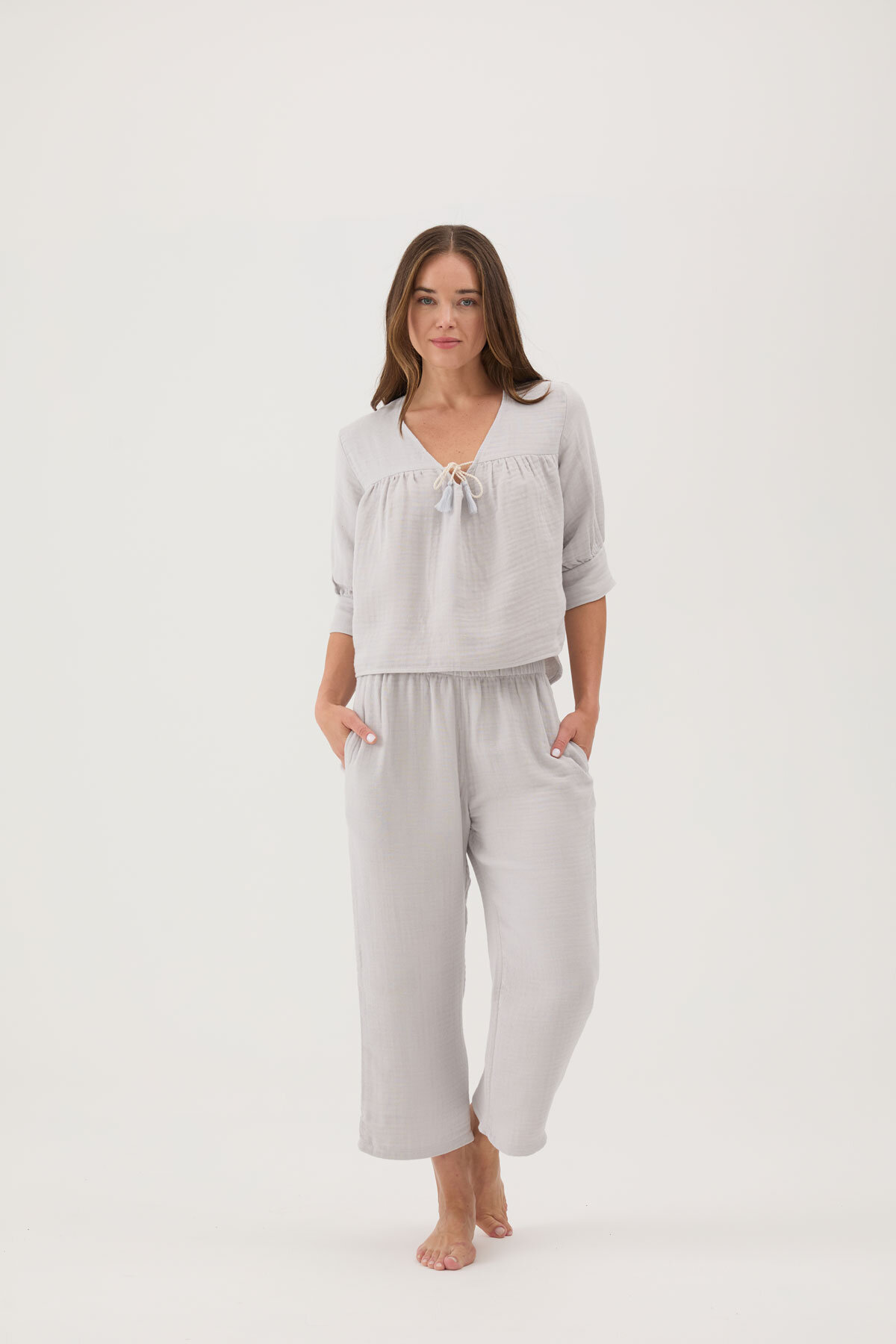 Cottons & Clouds Beli Lastikli Geniş Paça Loose Fit Kadın Muslin Pijama Takımı CC5874 Gri