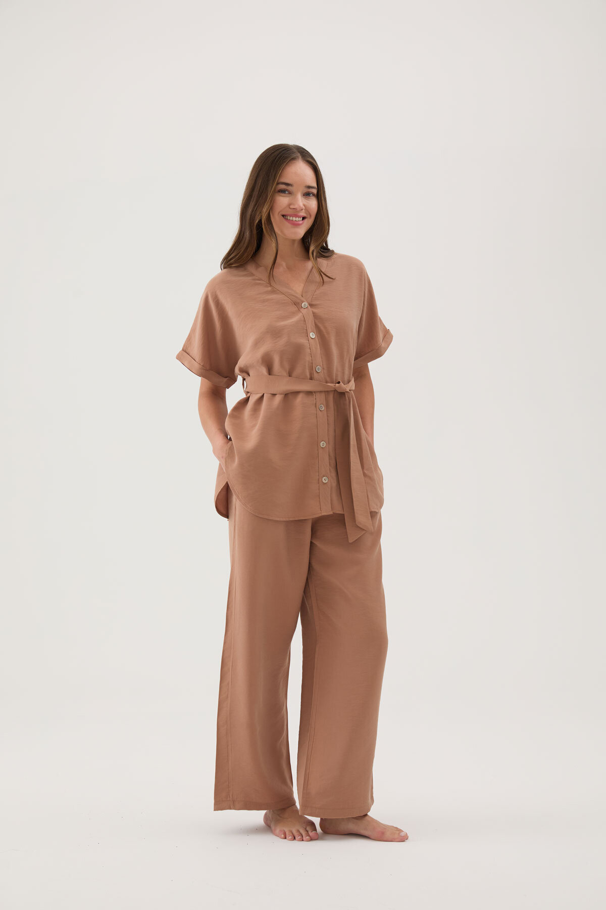 Cottons & Clouds Beli Lastikli Düğmeli Bol Paça Oversize Kadın Önden Bol Kesim Pijama Takımı CC5875 Somon