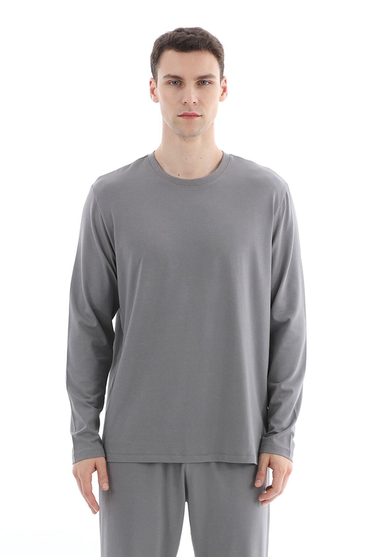 Cottons & Clouds Bisiklet Yaka Uzun Kol Loose Fit Pamuk-Modal Erkek Pijama Üstü CC6132 Gri