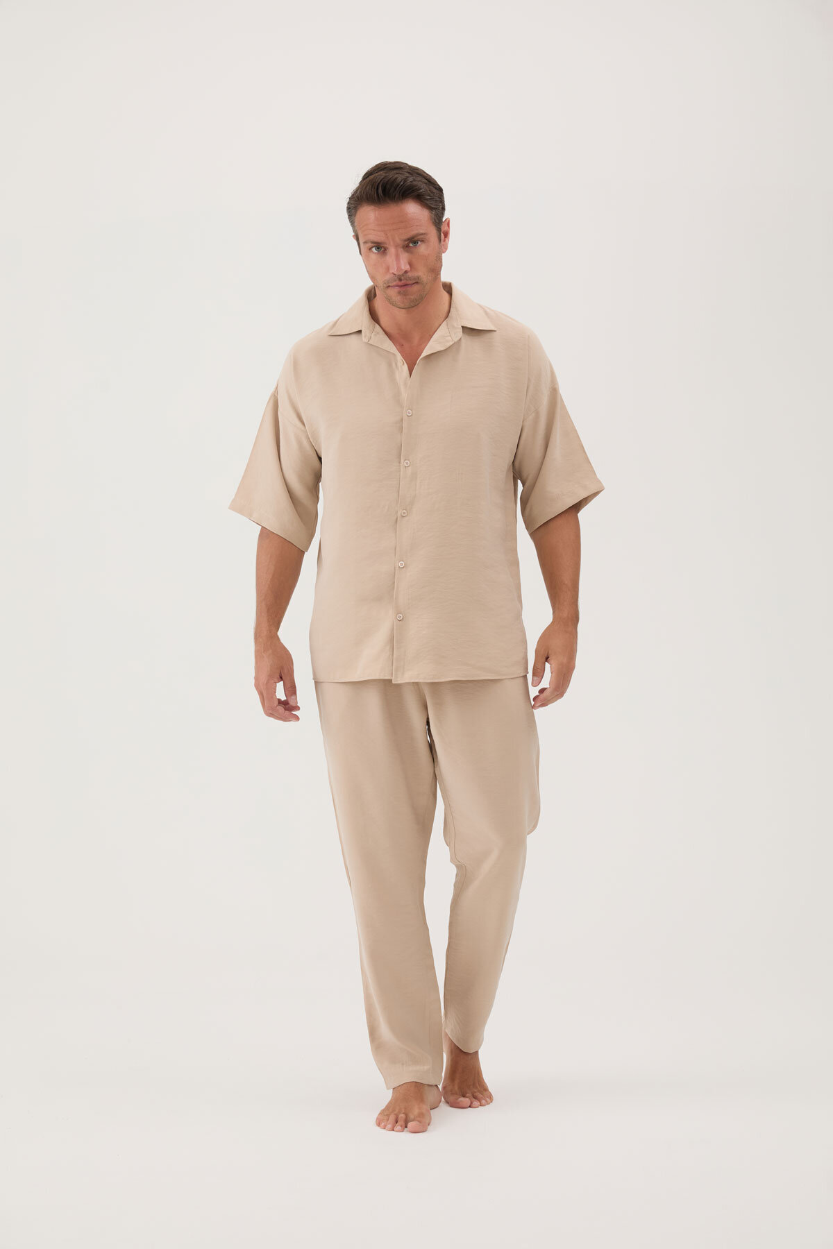 Cottons & Clouds Beli Lastikli Düğmeli Düz Paça Loose Fit Kısa Kollu Erkek Pijama Takımı CC6993 Gri