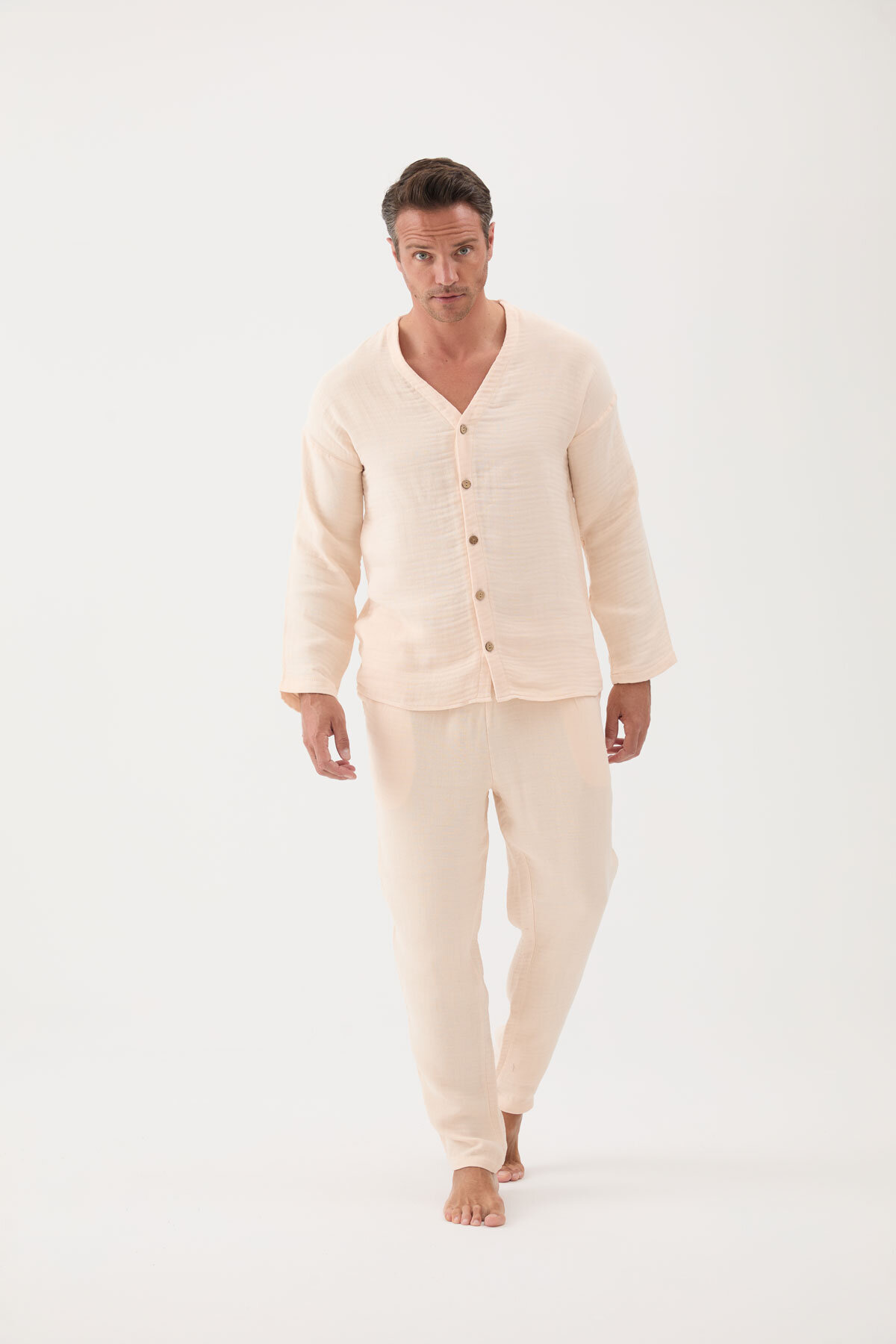 Cottons & Clouds Beli Lastikli Uzun Kollu Düz Paça Loose Fit Erkek Pijama Takımı CC6994 Bej