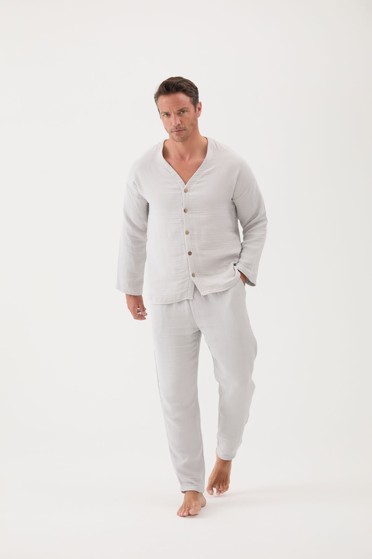 Cottons & Clouds Beli Lastikli Düz Paça Uzun Kollu Loose Fit Erkek Pijama Takımı CC6995 Gri
