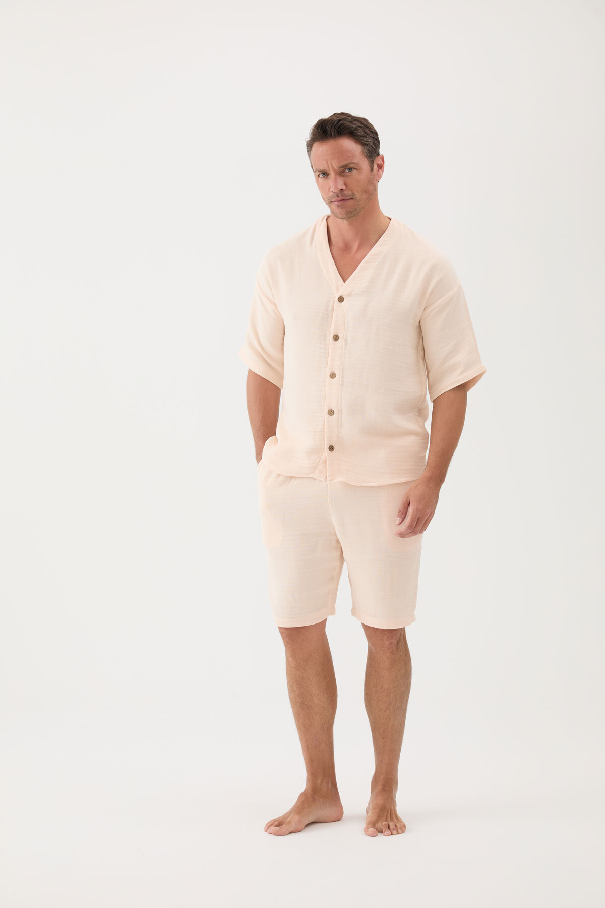Cottons & Clouds Beli Lastikli Düz Paça Loose Fit Kısa Kollu Erkek Şort Takım CC6996 Bej