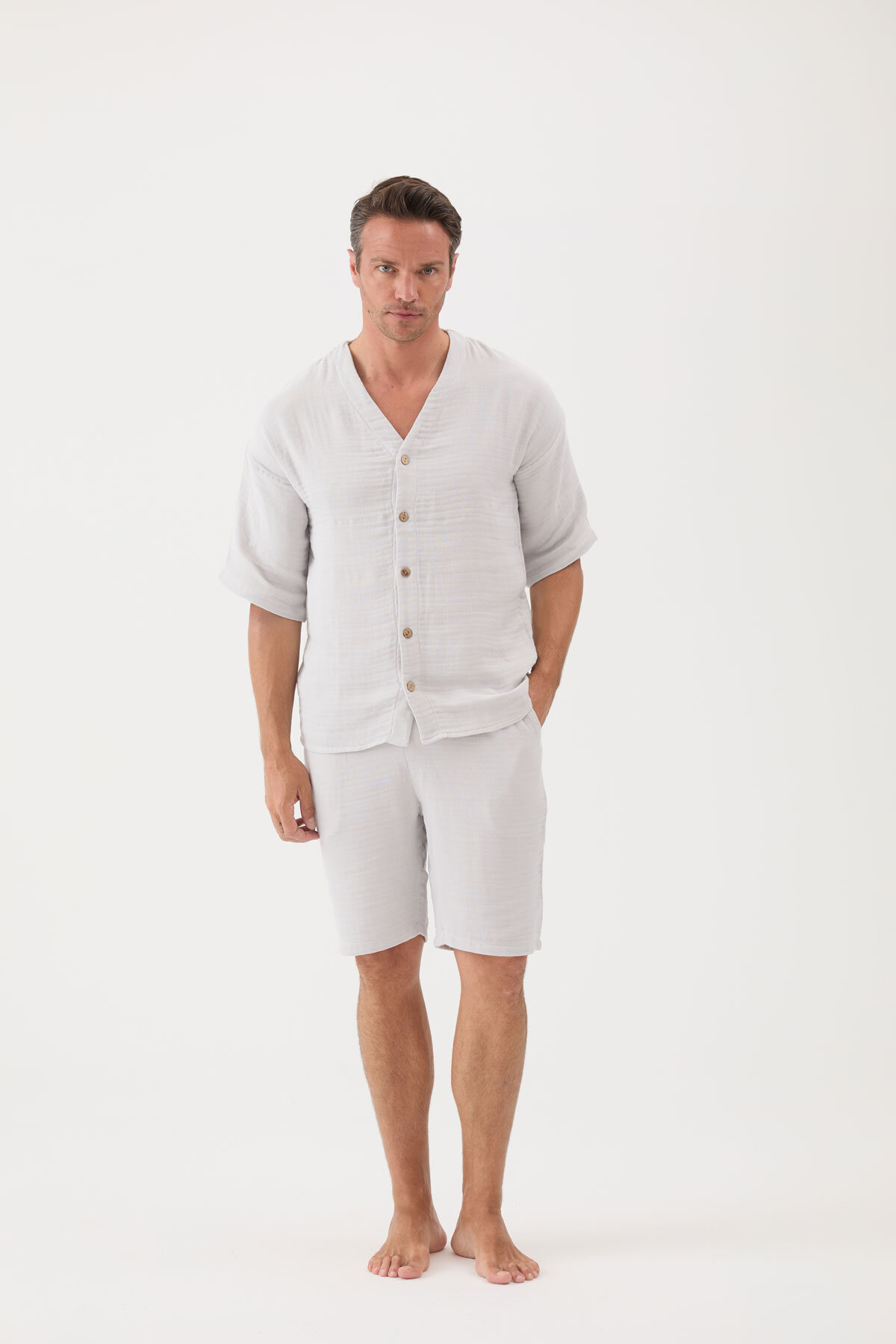 Cottons & Clouds Beli Lastikli Düz Paça Loose Fit Kısa Kollu Erkek Şort Takım CC6997 Gri
