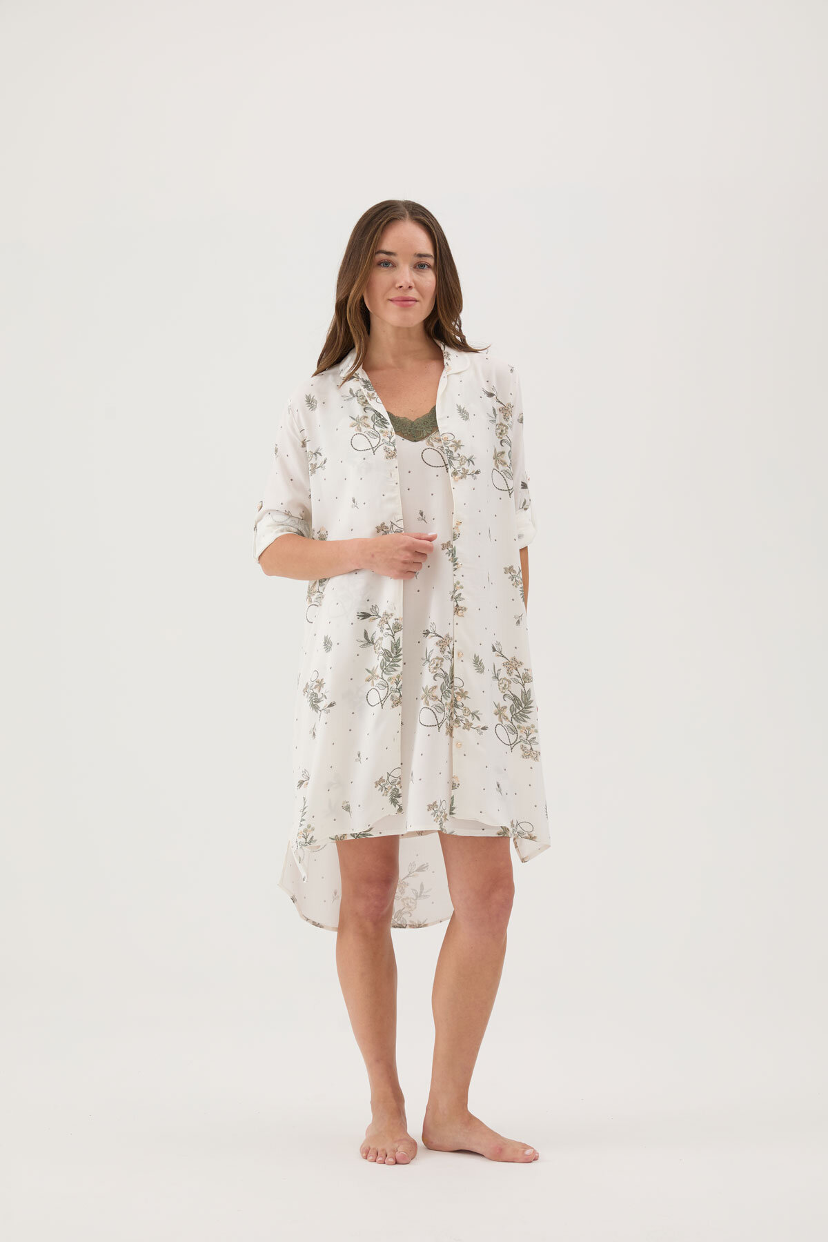 Cottons & Clouds Uzun Kollu Loose Fit Kadın Floral Desenli Viskon Gecelik CC7315 Ekru